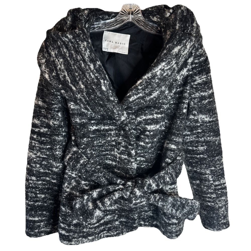 Zara Basic Shawl Collar Mohair Jacket Black White Belted Crop Medium